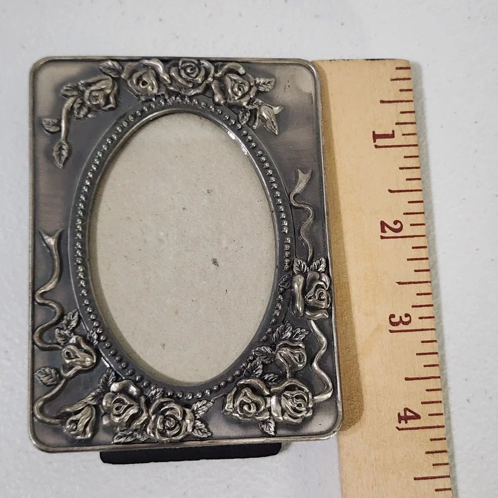 Vintage Ornate Pewter Tone Miniature Rose Picture Frame Oval Opening 3.25x2.5